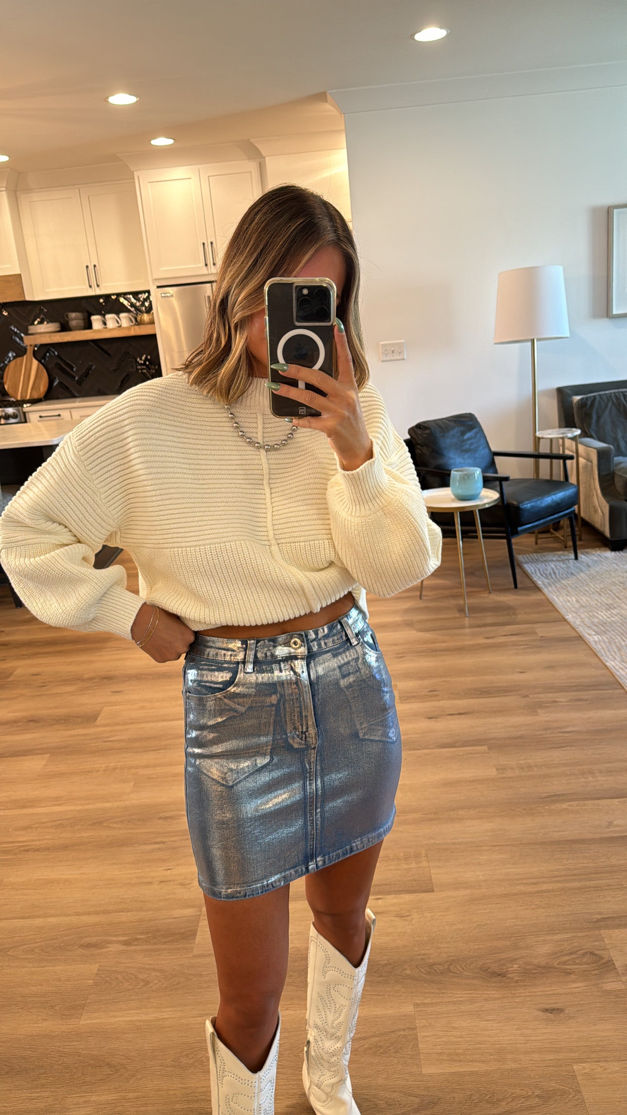 Soho Stretch Metallic Denim Mini Skirt, Ice Blue – KAM