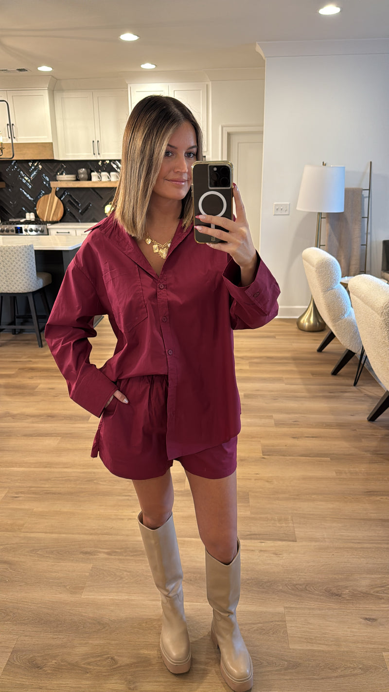 Day to Night Shirt and Short Set, Merlot