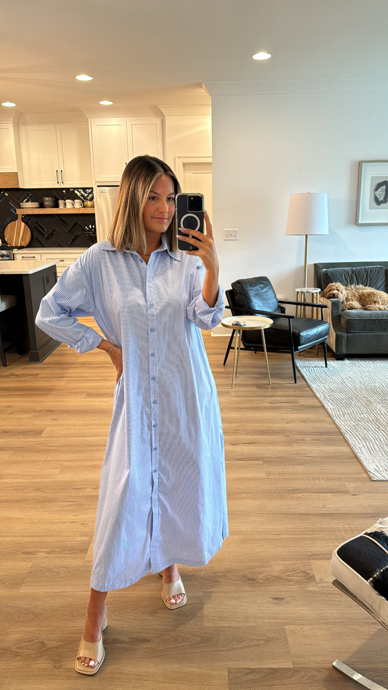 Button Down Midi Shirt Dress, Blue Stripe