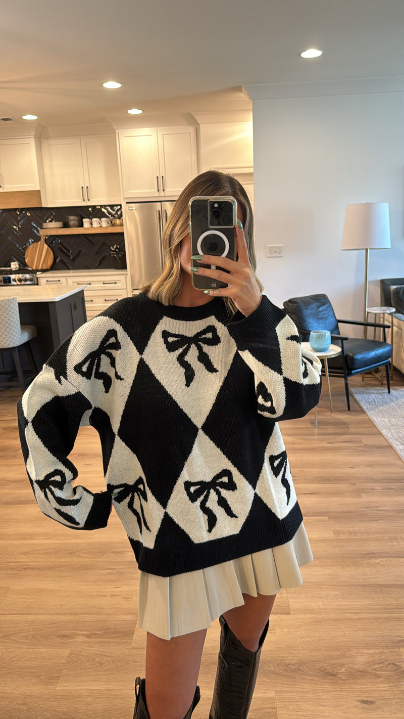 Ribbon Pattern Oversized Sweater, Black and Ivory