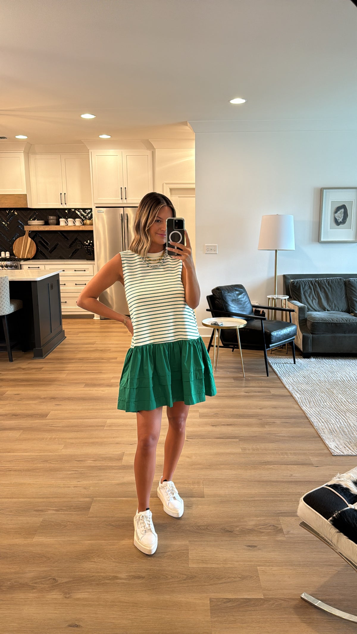Augusta Stripe Woven Mini Dress, Ivory/Green Stripe