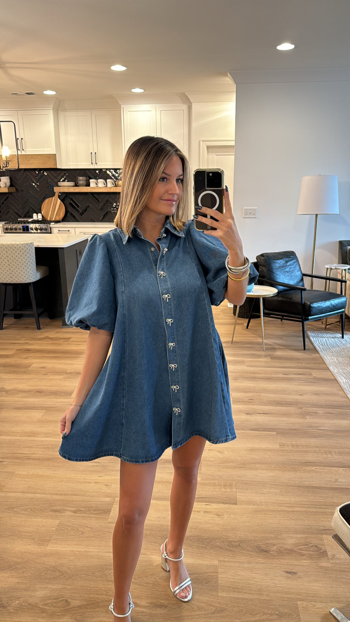 Jewel Bow Button Denim Mini Dress, Denim