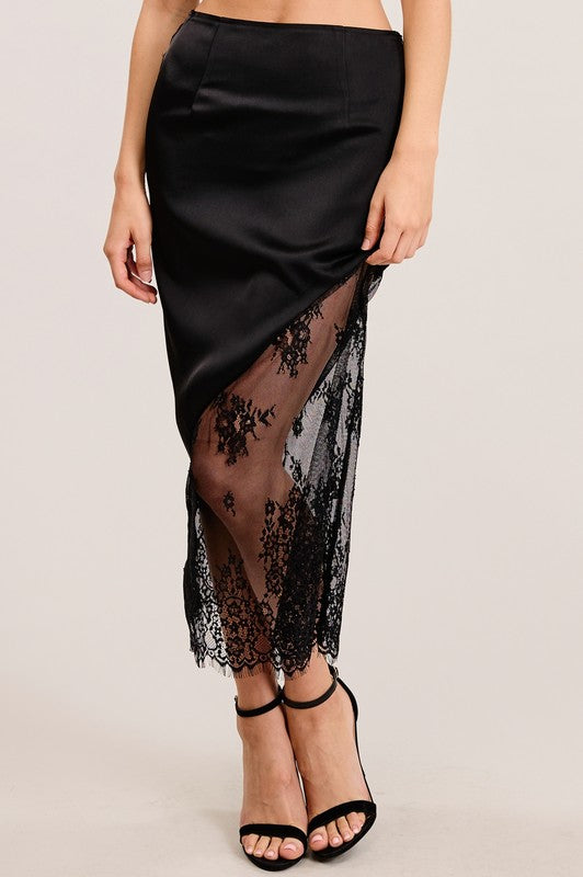 Asymmetrical Satin and Lace Midi Skirt, Black