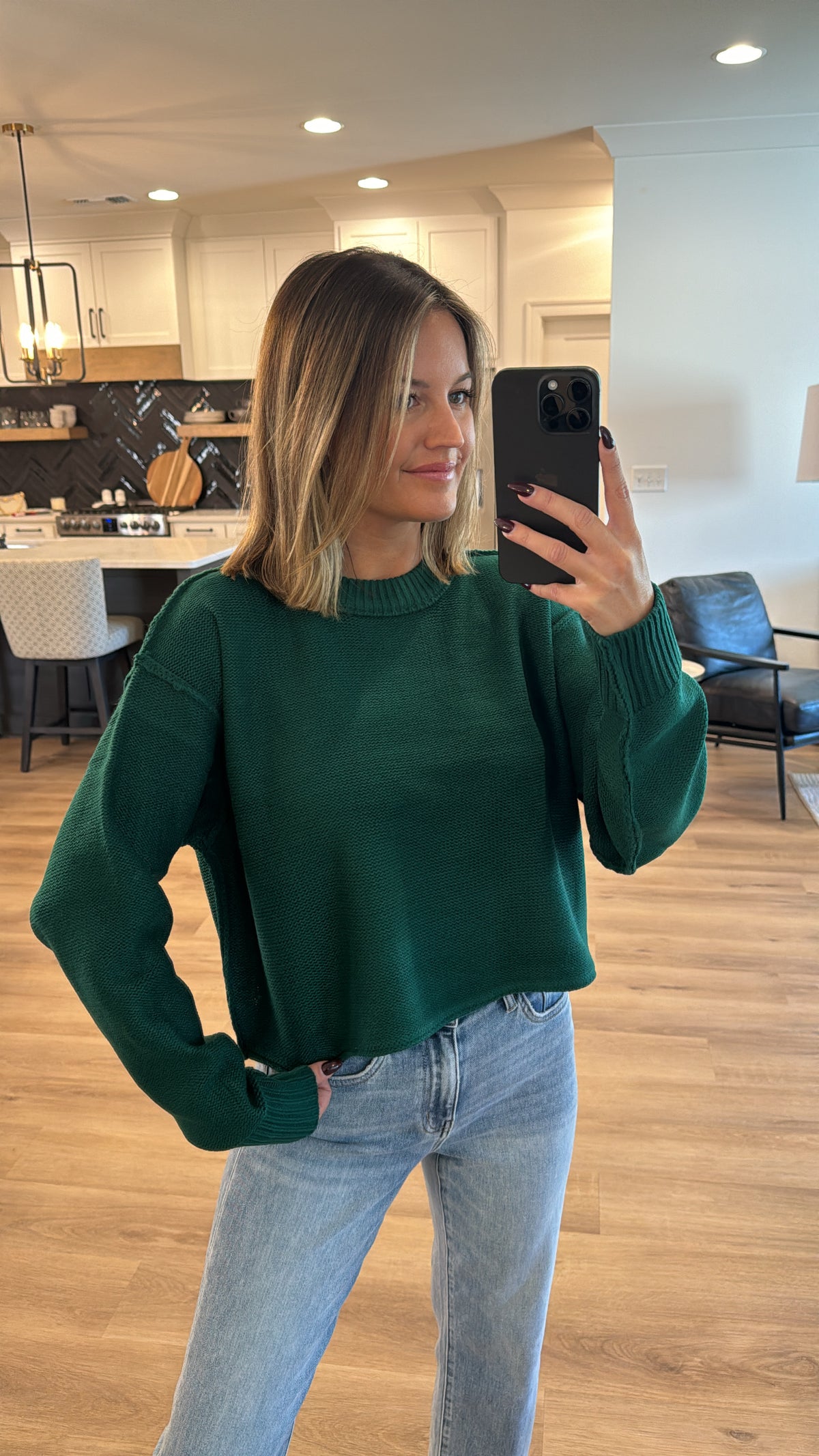 Oversized Cropped Sweater, Dark Green