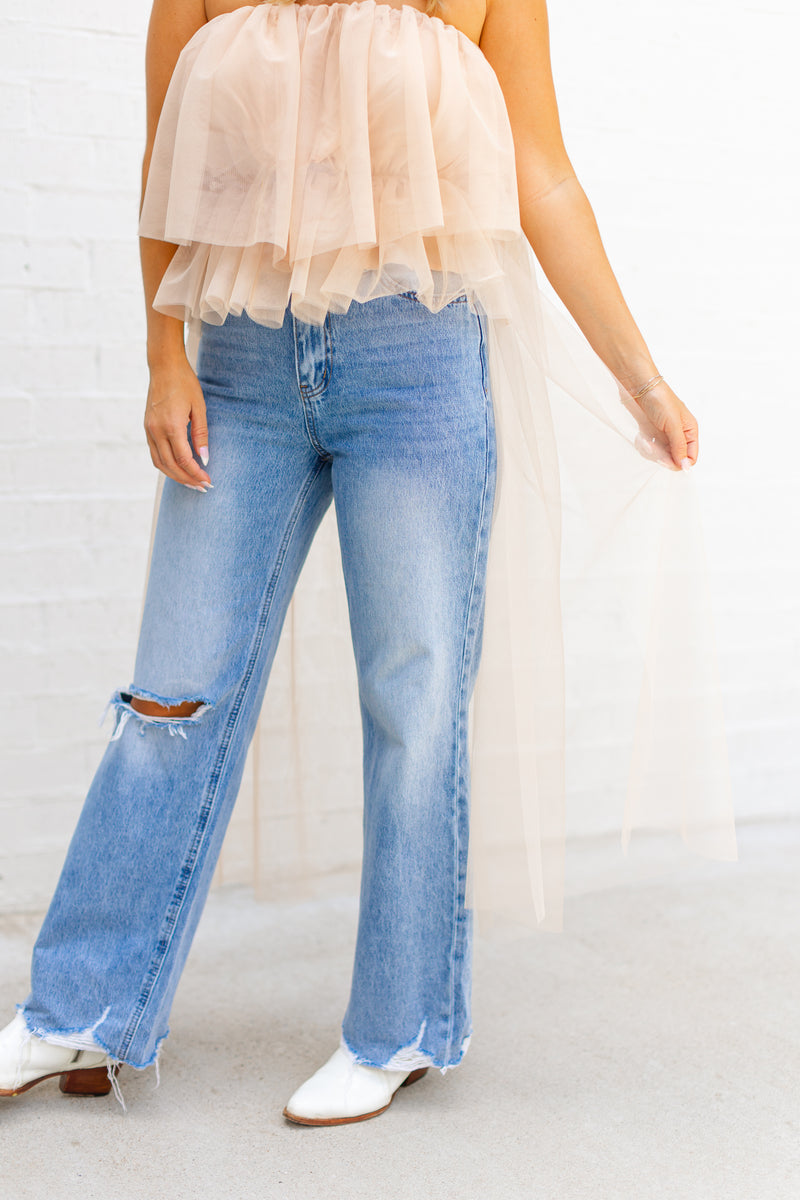 High Low Tulle Top, Oatmeal