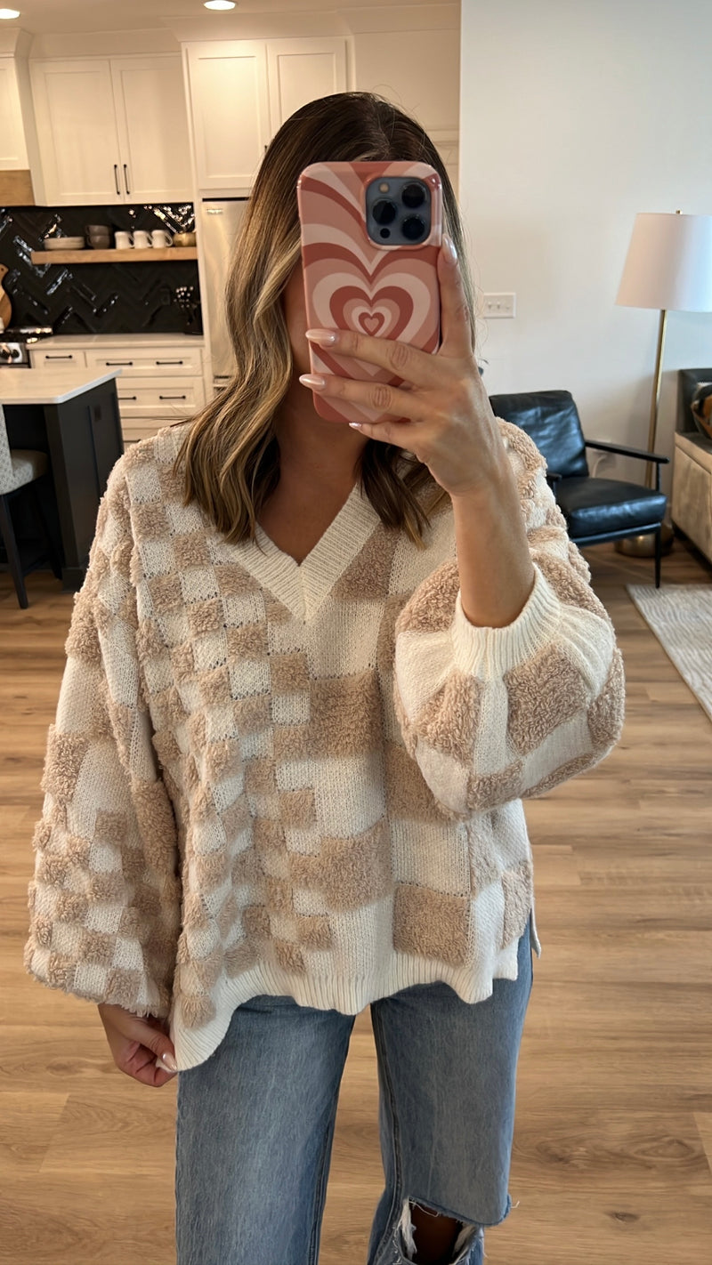 Cozy Pullover Sweater, Taupe & Off White