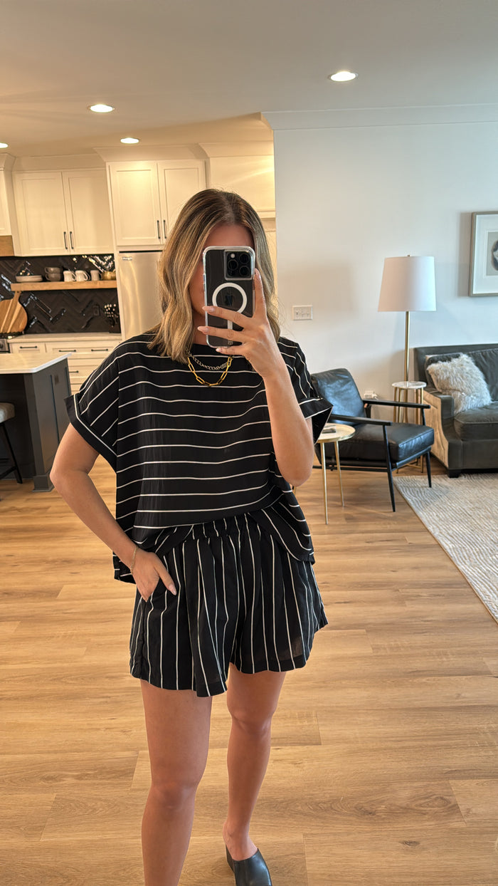 Relaxed Fit Top and Short Set, Striped Black