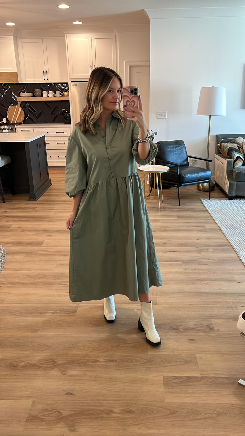 Button Front Puff Sleeve Maxi Dress, Olive