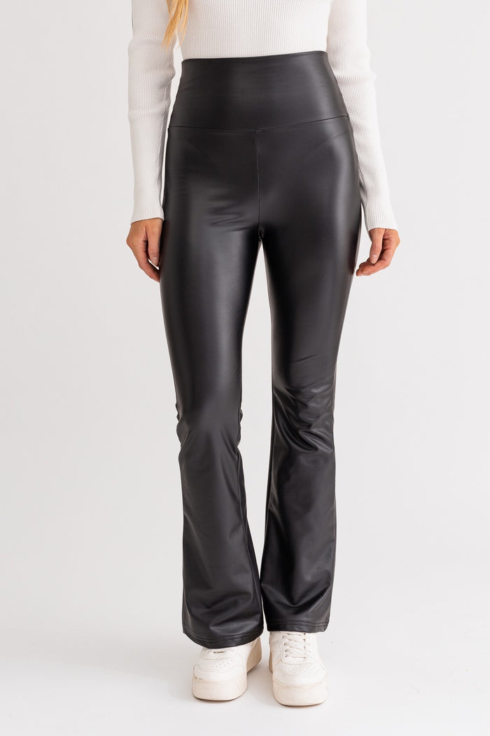 Faux Leather Pull On Flare Legging Pant, Black