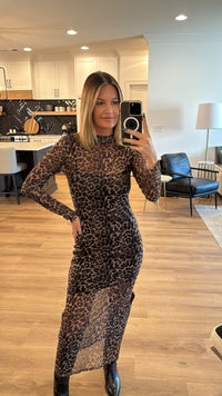 Leopard Mesh Midi Dress, Brown Leopard