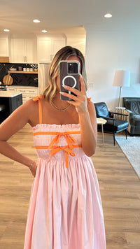 Smocked Tie Midi Dress, Pink and Orange
