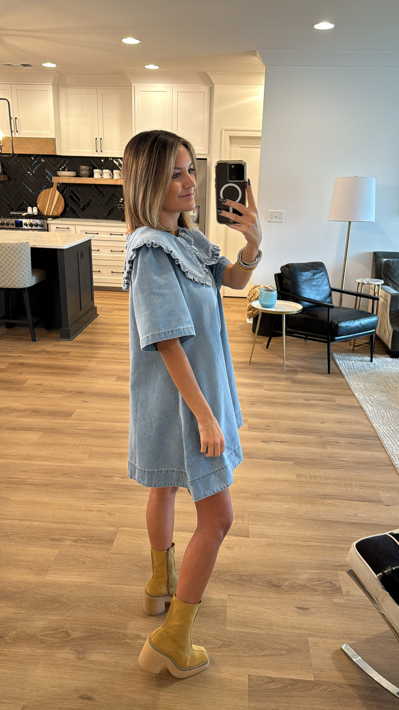 Peter Pan Collar Denim Mini Dress, Light Denim