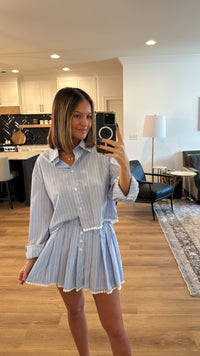 Striped Button Down Shirt and Pleated Skirt Set, Blue