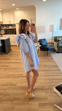 Ruffle Shoulder Puff Sleeve Mini Dress, Blue Stripe