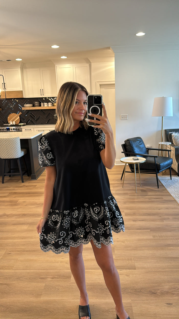 Embroidered Puff Sleeve Knit Mini Dress, Black