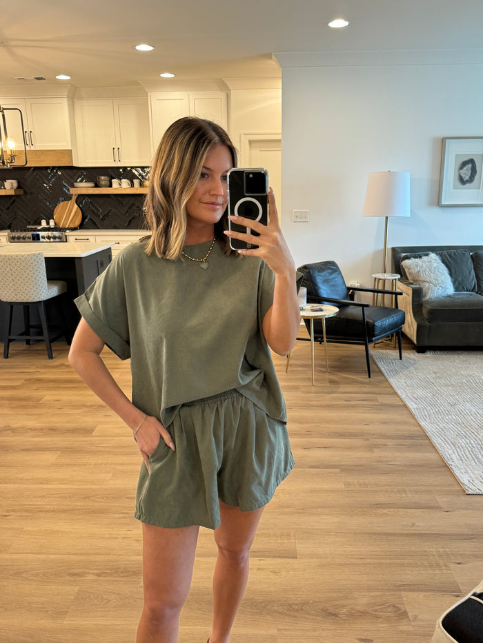 Relaxed Fit Top and Short Set, Olive