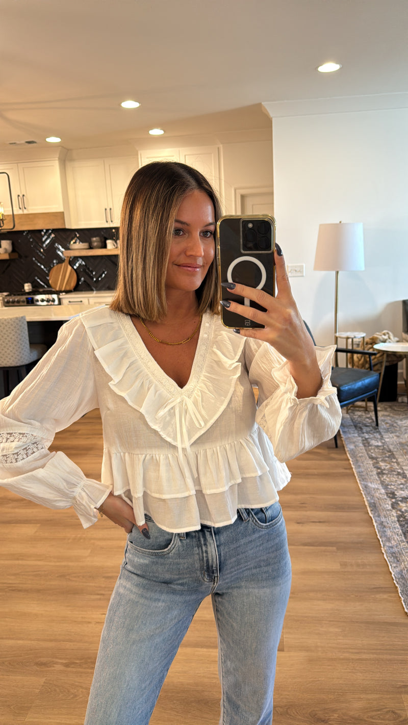 V-neckline Ruffle Long Sleeve Top, White