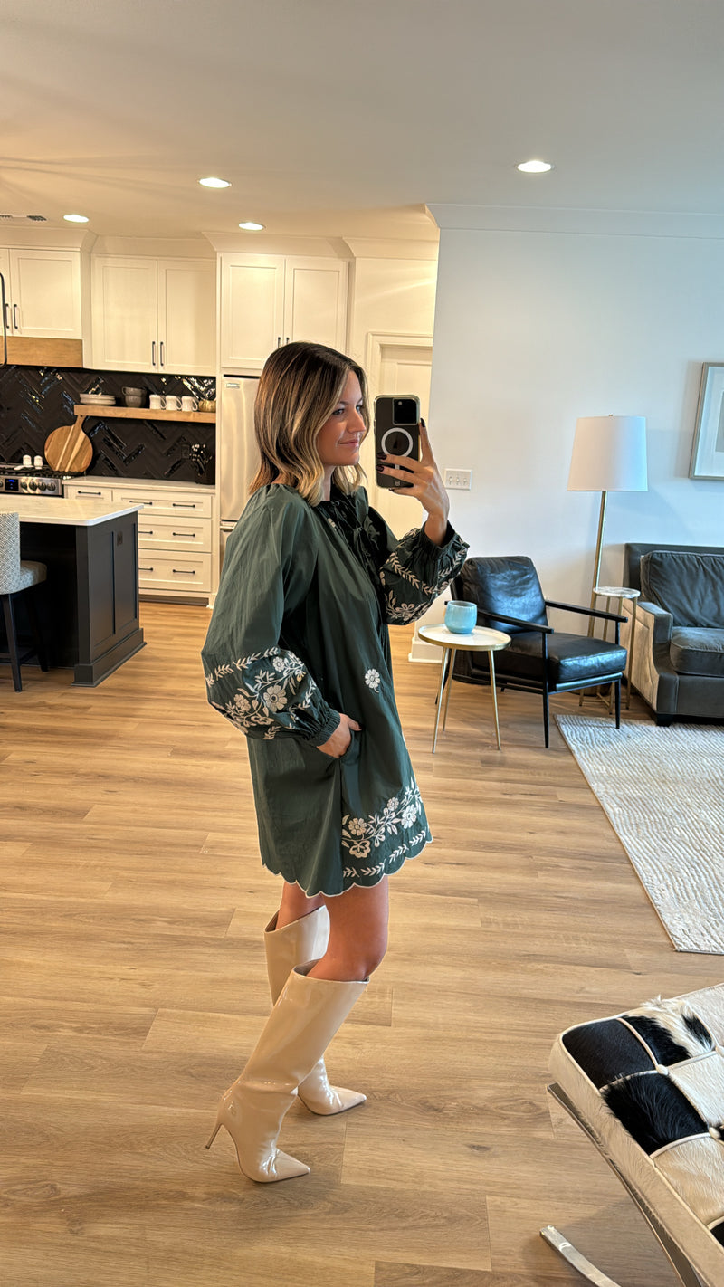 Embroidered Long Sleeve Mini Dress, Hunter Green