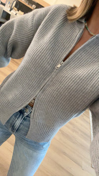 Double Way Zipper Sweater Jacket, Heather Grey