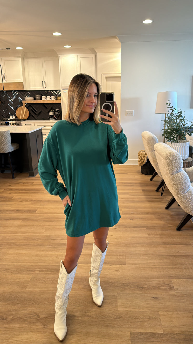 Cozy Knit Long Sleeve Mini Dress, Pine Green