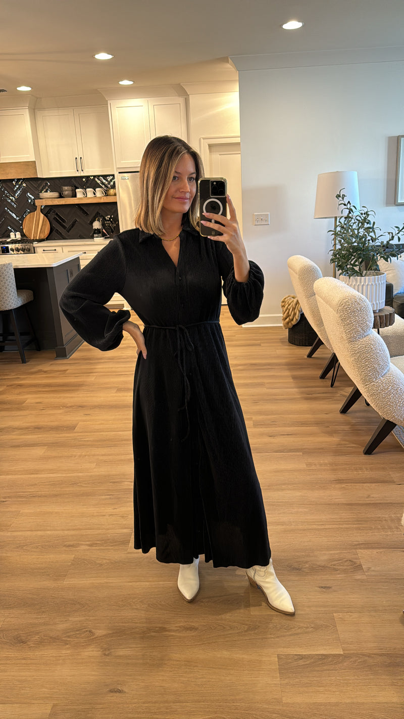 Button Down Ribbed Midi Dress, Black