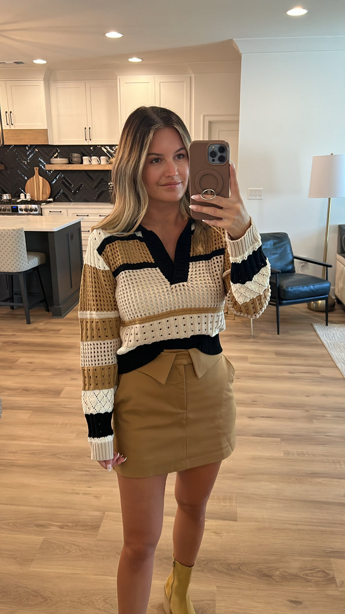 Pointelle Collared Sweater, White-Taupe-Black