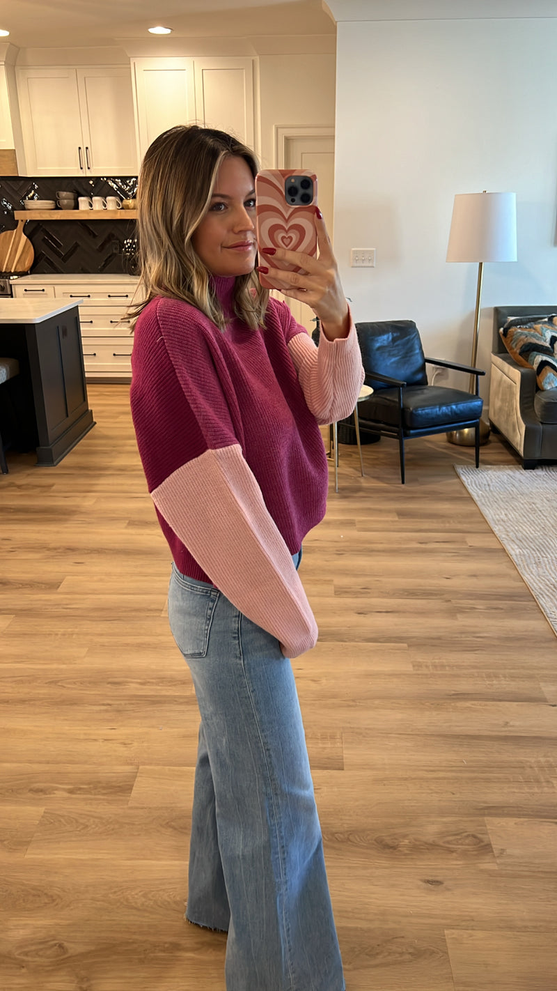 Reversible Color Block Sweater, Pink Combo