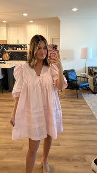 Afternoon Tea Puff Sleeve Mini Dress, Pink Stripe