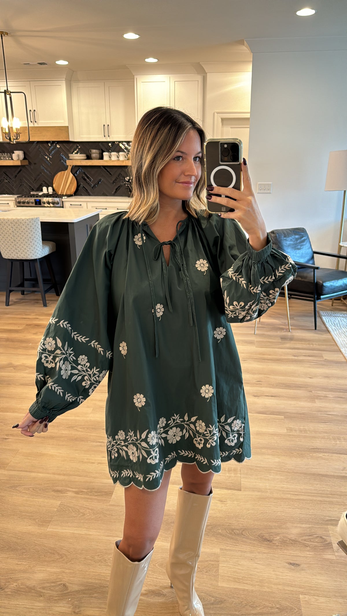 Embroidered Long Sleeve Mini Dress, Hunter Green