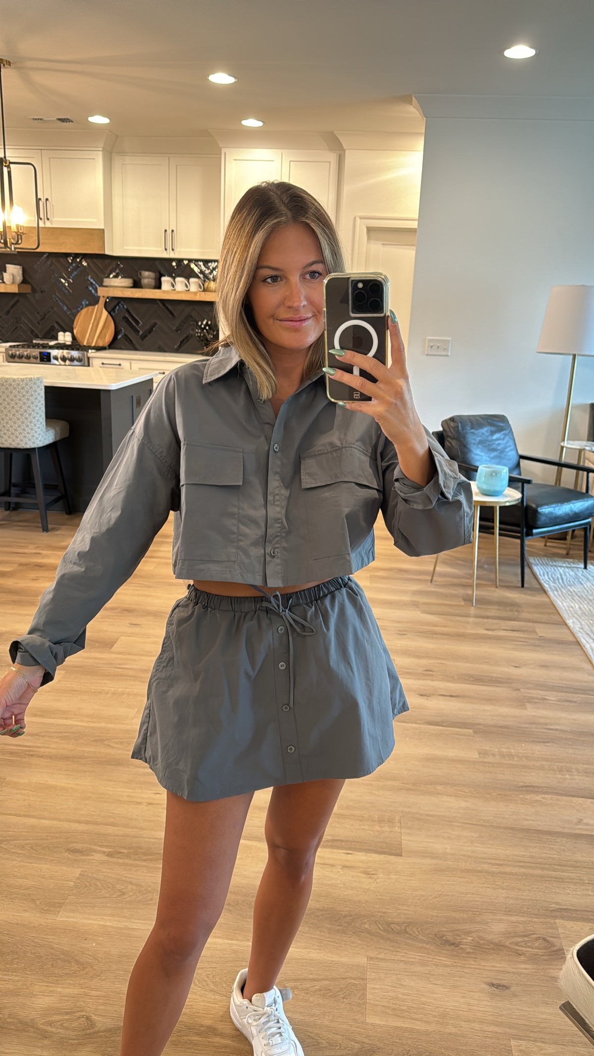 Button Down Shirt and Skort Set, Charcoal