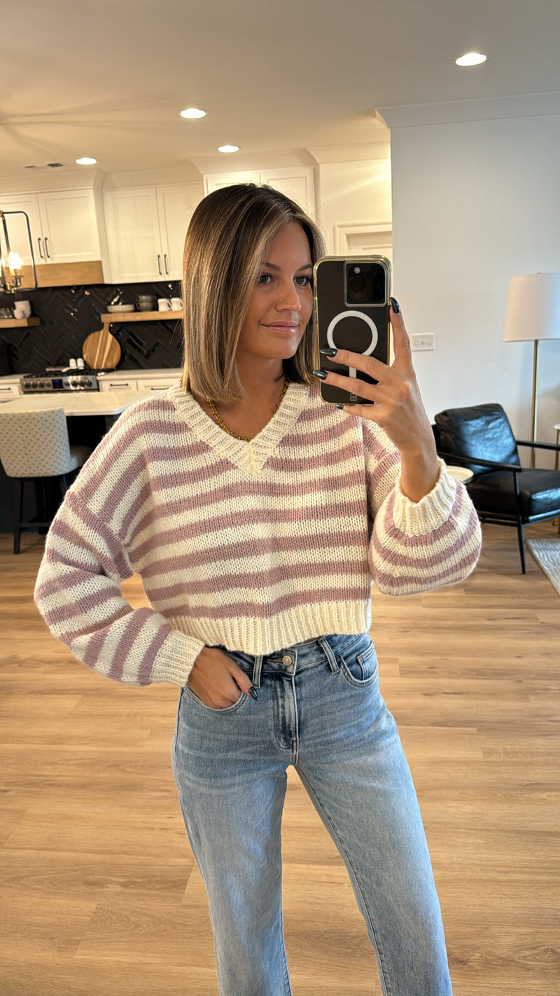 V-Neck Striped Sweater, White-Pink Stripe