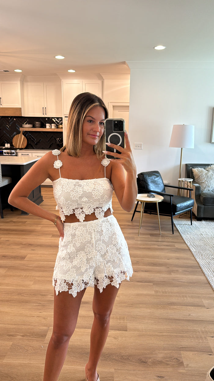 Crochet Lace Crop Top and Shorts Set, Off White