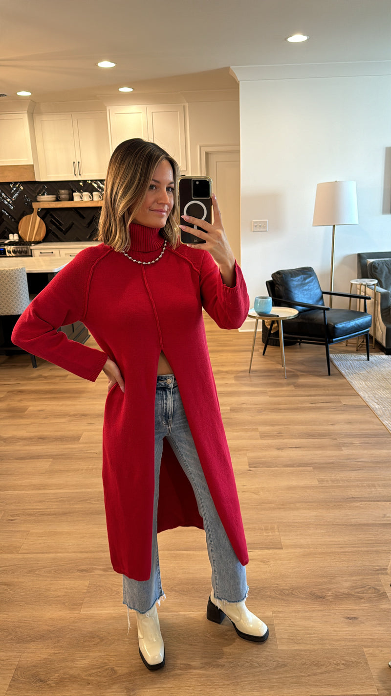 Turtleneck Long Sweater Tunic, Red