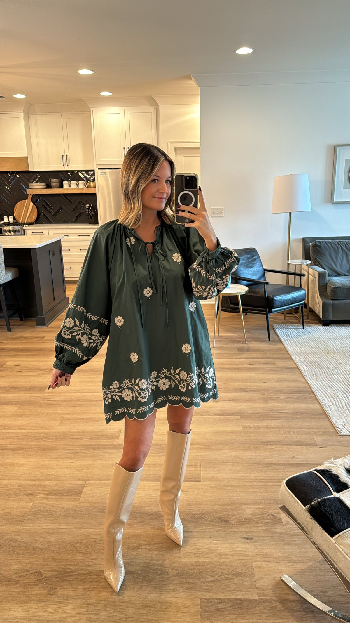 Embroidered Long Sleeve Mini Dress, Hunter Green