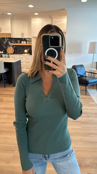 Stretchy Ribbed Collared Sweater Top, Gray Green