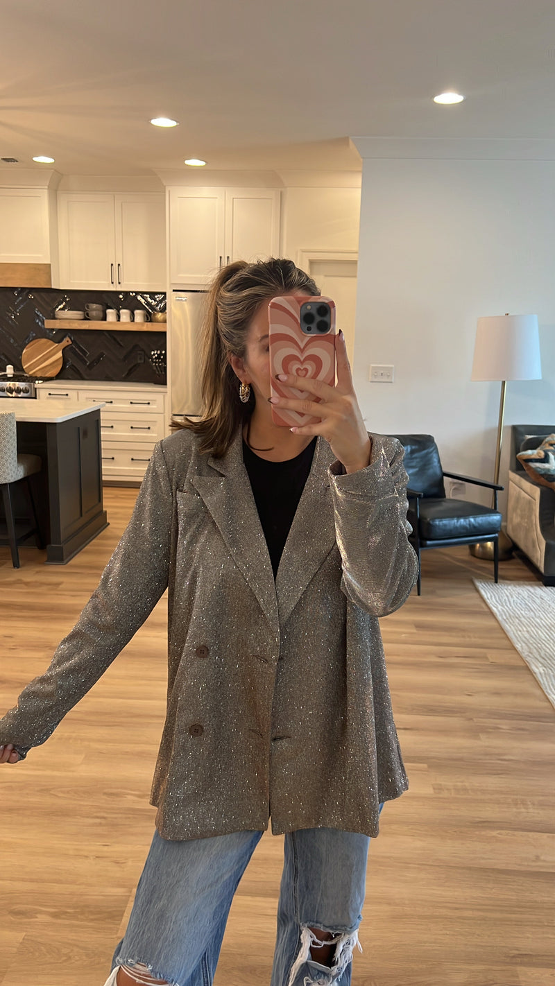 Shine Glitter Blazer, Tan-Silver