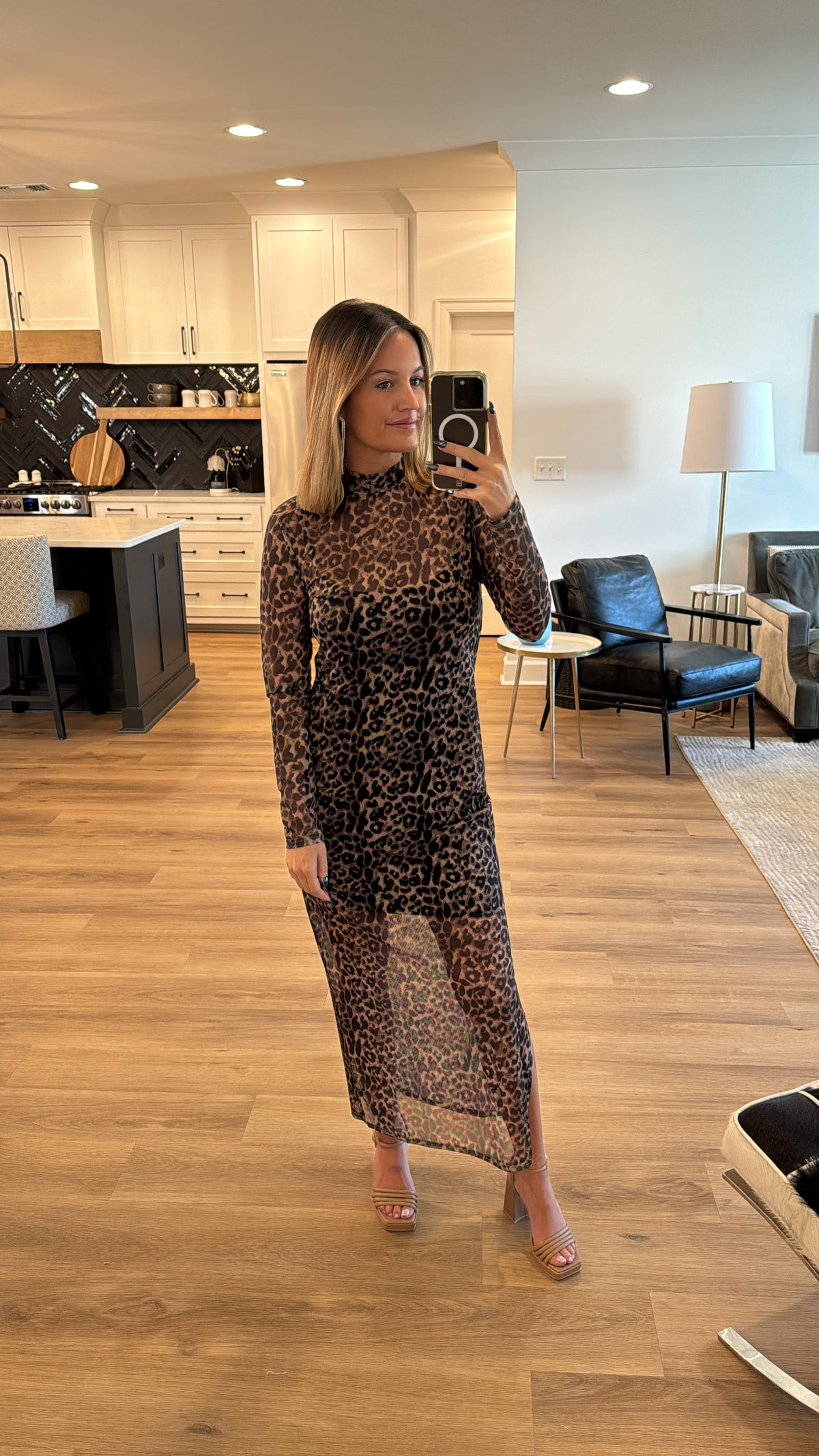 Leopard Mesh Midi Dress, Brown Leopard