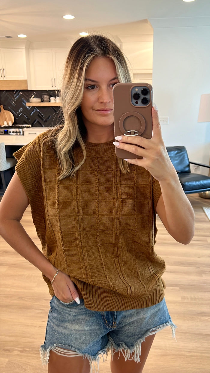 Cable Knit Sweater Vest Top, Pale Brown