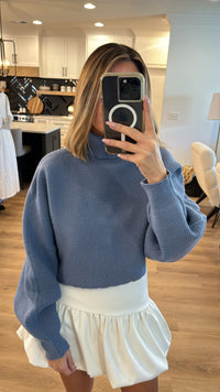 Cropped Turtleneck Sweater, Gray Blue