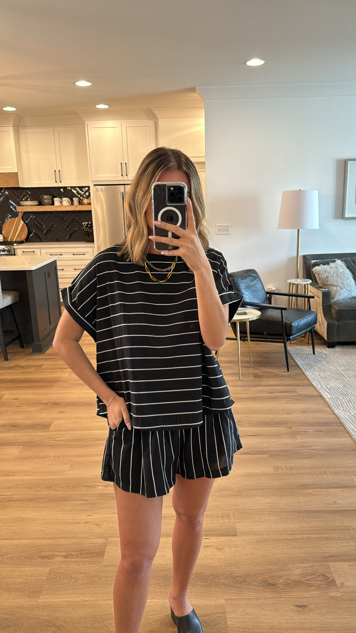 Relaxed Fit Top and Short Set, Striped Black