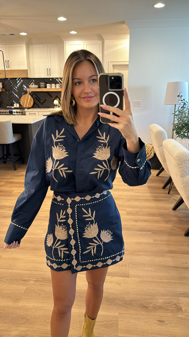 Embroidered Button Down Shirt and Mini Skirt Set, Navy