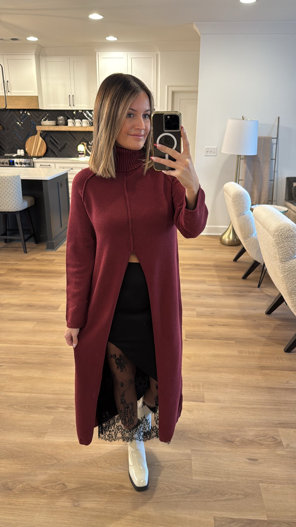 Turtleneck Long Sweater Top, Burgundy