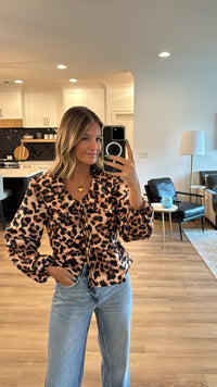 Leopard Tie Front Long Sleeve Blouse, Leopard