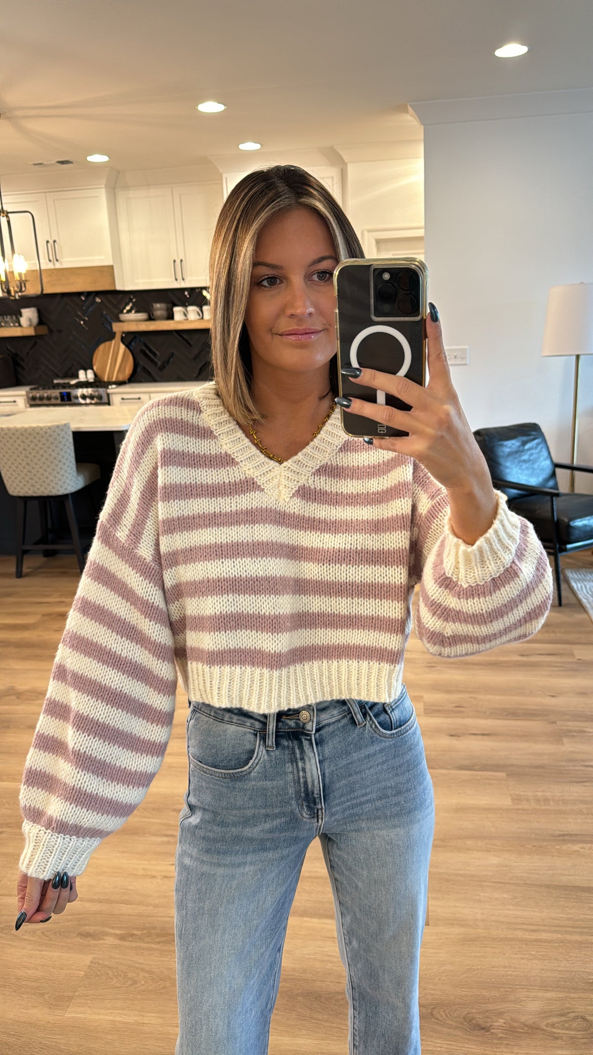 V-Neck Striped Sweater, White-Pink Stripe