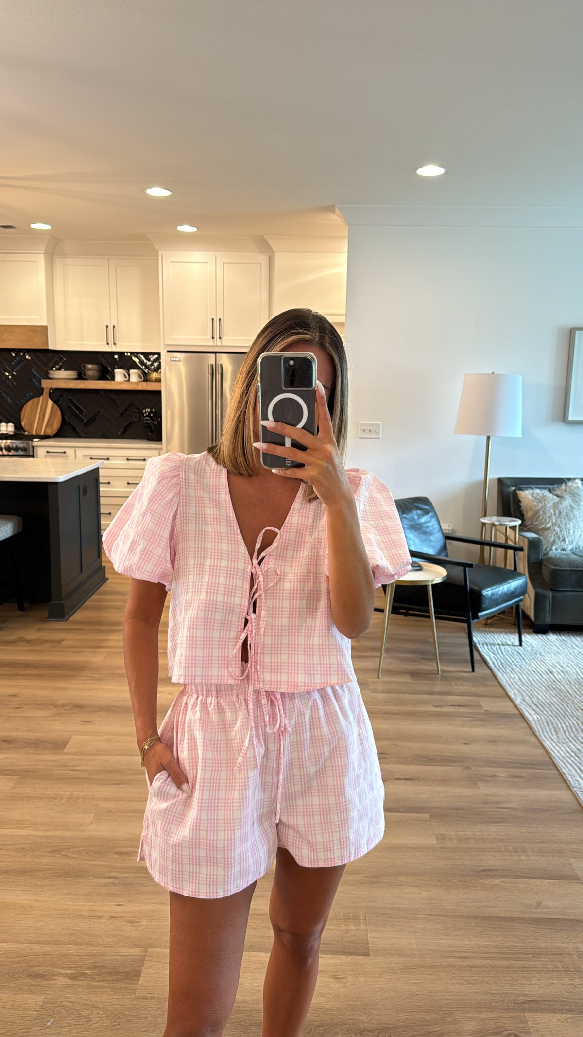 Plaid Bow Tied Bubble Top and Short Set, Pink