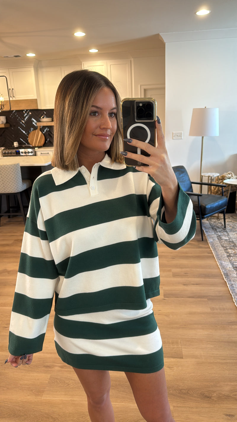 Striped Boxy Sweater and Mini Skirt Set, Green-White Stripe