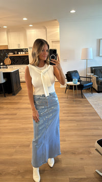 Mimi Metallic Light Denim Maxi Skirt, Blue