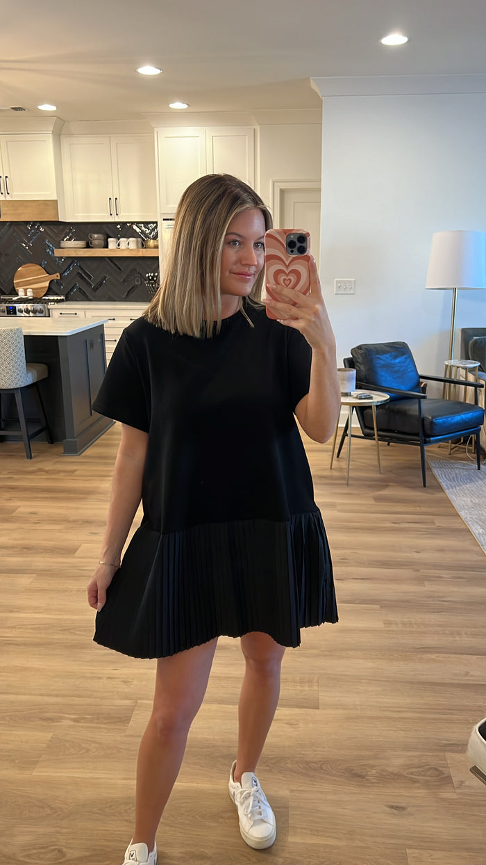 Poplin Pleated Contrast Mini Knit Dress, Black