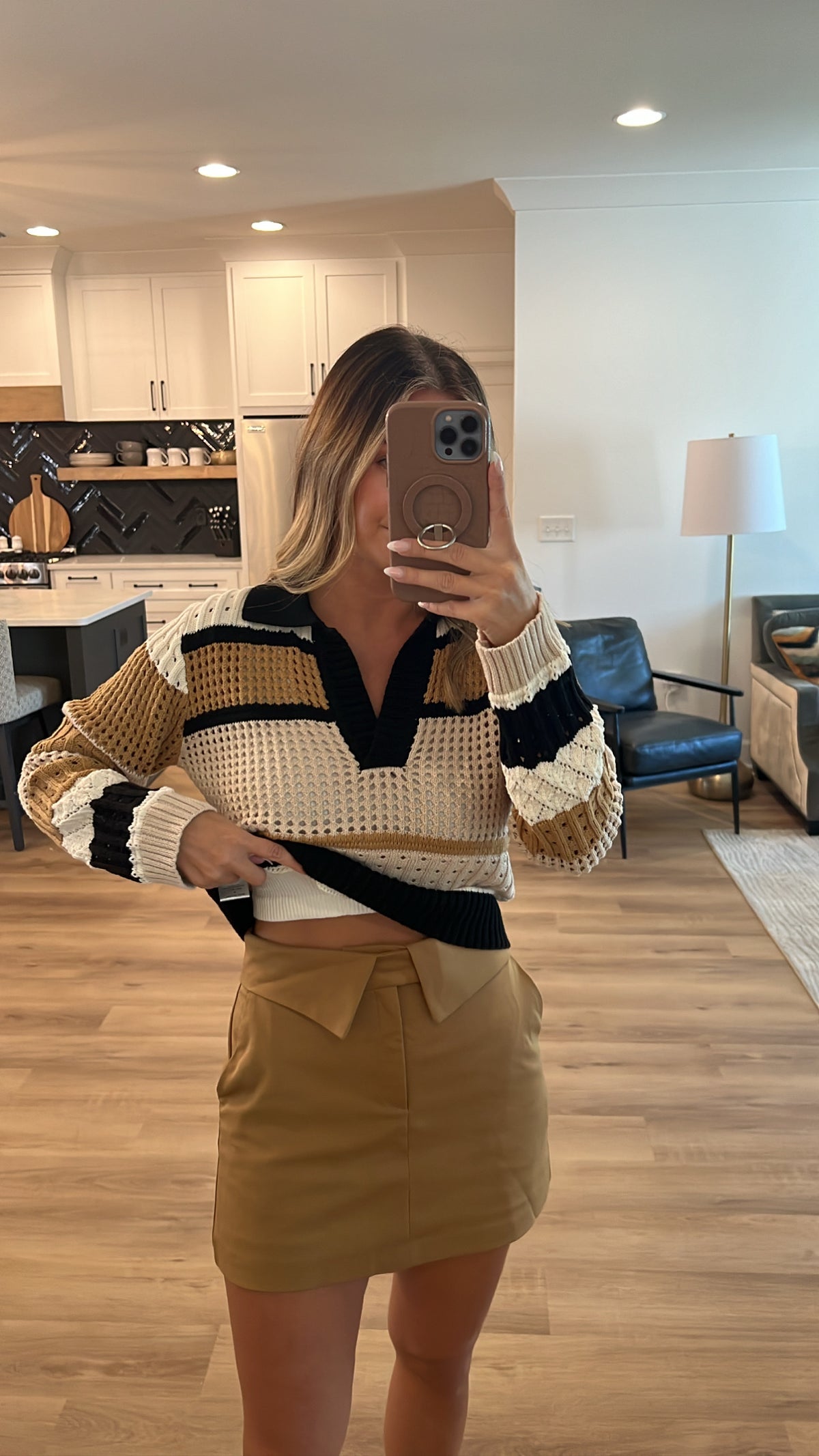 Pointelle Collared Sweater, White-Taupe-Black
