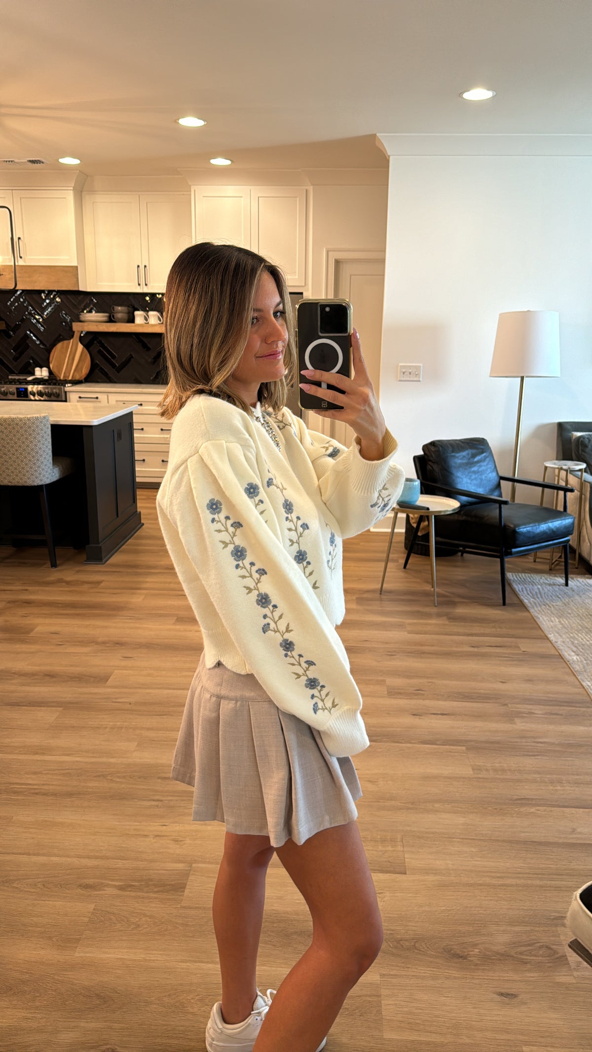 Embroidered Scalloped Sweater Top, Cream